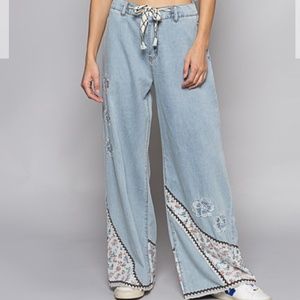 POL Women’s Denim Pants Relaxed Fit Patchwork Jeans Boho Y2K Lightweight #107